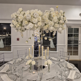 Deluxe White Rose Orchid Circle Centerpiece & Silver Stand