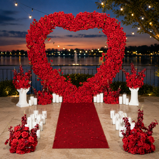 Luxury Red Rose Heart-Shaped Arch, 6 Balls, 2 Pedestals,  36 Candles,  Carpet