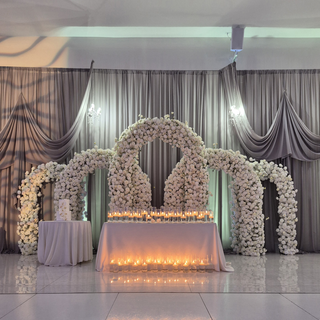 5 White Ivory Rose Arches & 48 Hurricane Candles