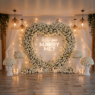 Set: Arch, 12 candles, 2 runners, 4 flower balls, 4 pedestals, Neon Sign