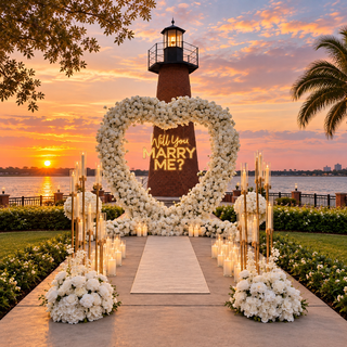 White Rose Heart-Shaped Arch, Neon Sign,  4 Flower Balls, 2 Pedestals, 36 Candles,  2 Candelabras, Ivory Carpet