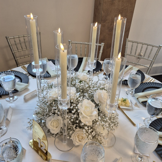 White Rose Babysbreath Centerpiece 17.7" with 6 Tall Candles