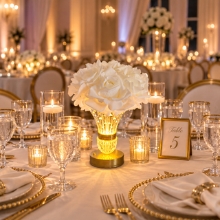LED Crystal Vase & White Real-Toach Roses
