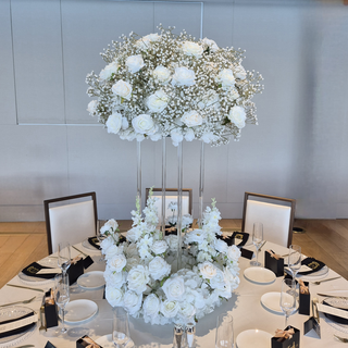 Luxury White Rose Babysbreath Ball 31", Clear Stand, Circle Flower Centerpiece 