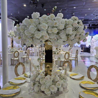 Luxury White Rose Orchid Centerpiece + Gold stand with Hanging Roses 