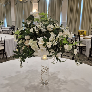 White Rose Greenery Ball 20", Glass Vase 16", Floating Candle & Pearls