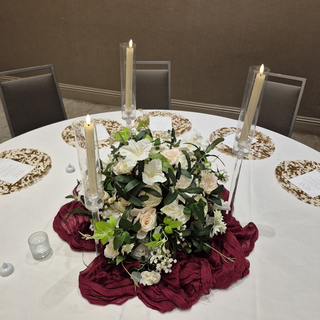White Pink Rose Greenery Flower Ball with 3 Clear Tall Candles 