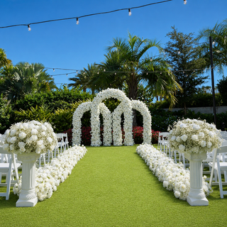 White Rose Runner,  2 Pedestals,  2 Babysbreath Balls, Triple Arch 