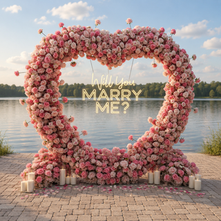 Set: Pink Rose Arch, Neon Sign, 2 Flower Balls, 12 candles