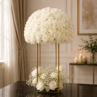 White Rose Ball 20", Gold Stand, Babysbreath Ball 14"