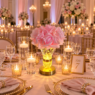 LED Crystal Vase & Pink Real-Toach Roses
