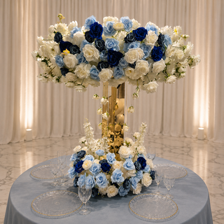 White Navy Blue Rose Circle Centerpiece & Gold Stand