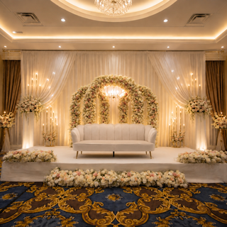 Small Triple Arch Set, Chandelier,  Sofa, 10 runners, Drapes, 4 Columns, 4 balls, 4 Candelabras