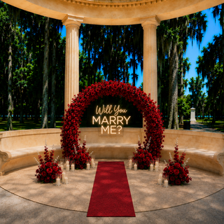 Red Rose Round Arch, Neon Sign,  4 Flower Balls, 36 Candles, Carpet
