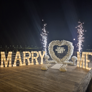 Set: Marquee Letters,  Arch, Neon Sign, 2 Sparklers, 36 candles, 2 Pedestals, 4 Balls, Carpet