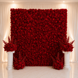 Red Rose Flower Wall, 2 Pillars, 4 Flower Balls