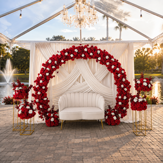 Red Ivory Rose Florals, Drapes Backdrop,  Sofa, 4 Gold Stands