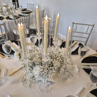 White Rose Babysbreath Centerpiece 14" with 5 Tall Candles 