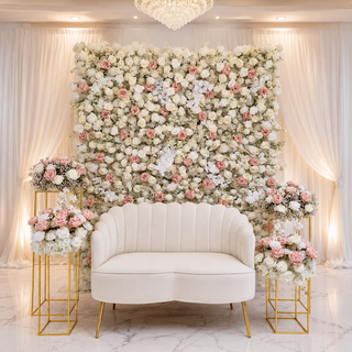 White Pink Flower Wall, Sofa, 4 Stands with Flower Balls 