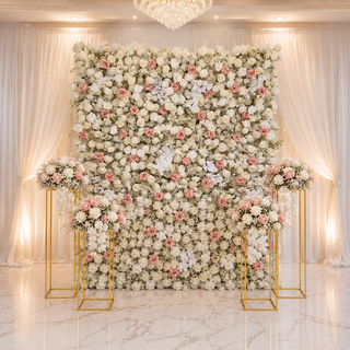 White Pink Rose Babysbreath Wall & 4 Stands wuth Flower Balls