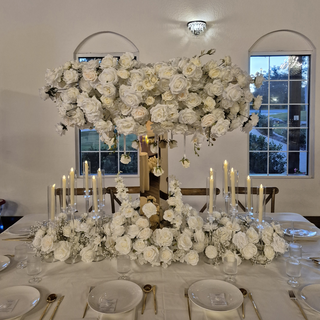 Luxury White Rose Orchid Centerpiece, Gold Stand, 12 Candles, Hanging Roses