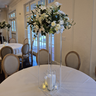 White Rose Greenery Ball 20", Clear Stand, 3 Sand Wax Candles