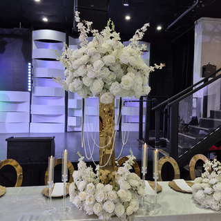 Luxury White Rose Ball + Gold Stand + Pearls 