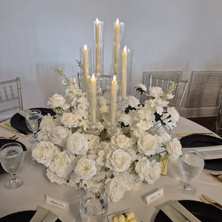 White Rose Delphinium Flower Centerpiece with Tall Candles