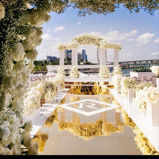 Golden Aisle White Stage with Triple Arch